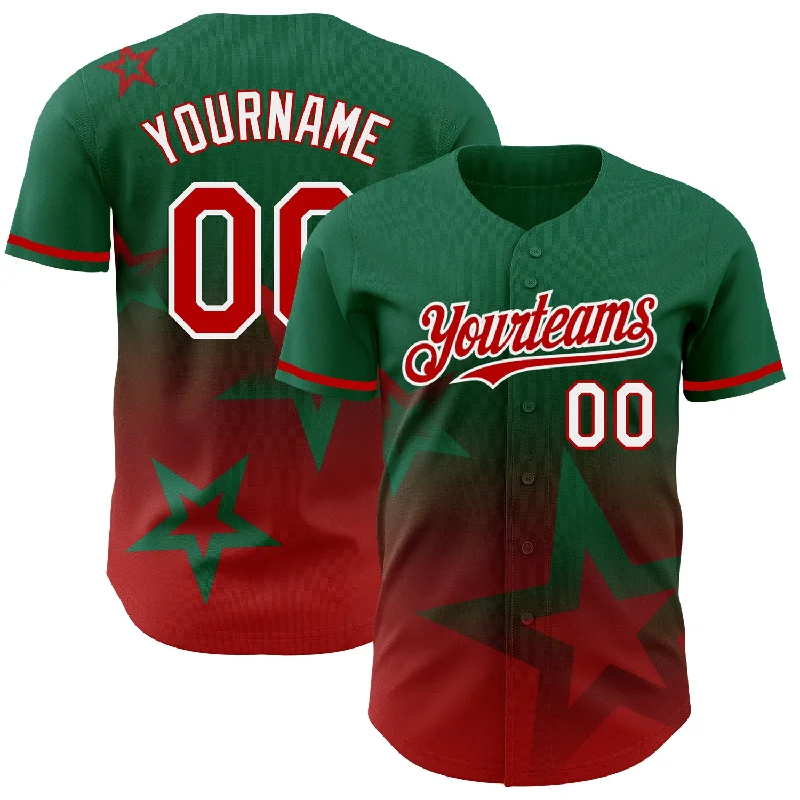 Baseball Jerseys With Custom Sleeve Designs-Custom Kelly Green Red-White 3D Pattern Design Gradient Style Twinkle Star Authentic Baseball Jersey