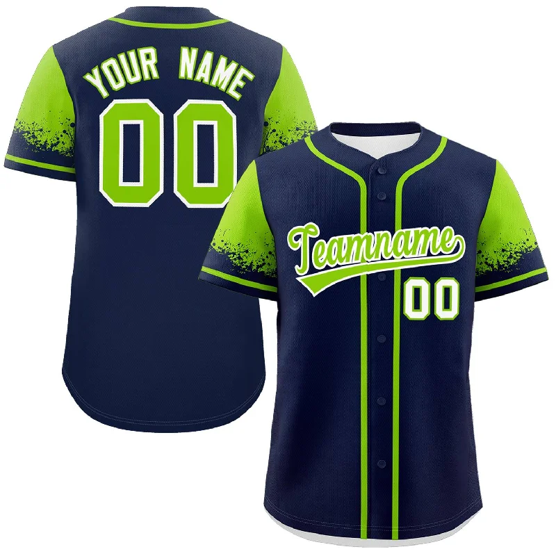 Baseball Jerseys For Community Support Events-Custom Navy Neon Green Personalized Raglan Sleeves Design Authentic Baseball Jersey