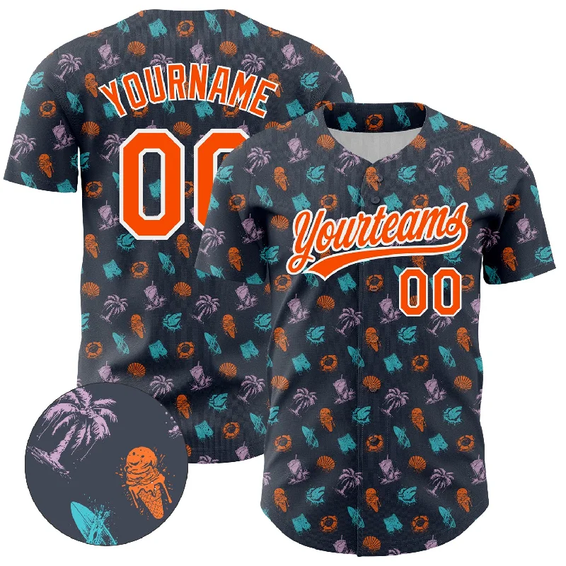 Custom Baseball Jerseys For Player Celebrations-Custom Navy Orange-White 3D Pattern Design Ice Cream And Hawaii Palm Trees Authentic Baseball Jersey