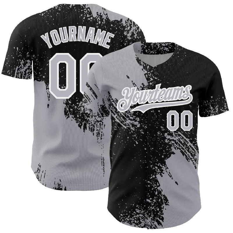 Baseball Jerseys With Custom Text-Custom Gray Black-White 3D Pattern Design Abstract Brush Stroke Authentic Baseball Jersey