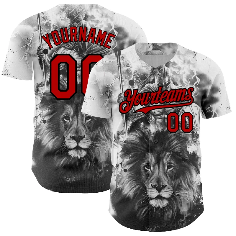 Custom Baseball Jerseys With Team Logos-Custom White Red-Black 3D Pattern Design Animal Lion Authentic Baseball Jersey