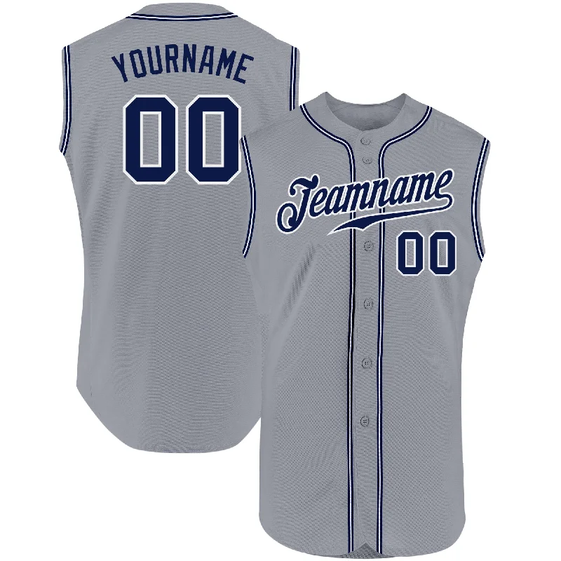 Personalized Baseball Jerseys For Sponsorship Deals-Custom Gray Navy-White Authentic Sleeveless Baseball Jersey