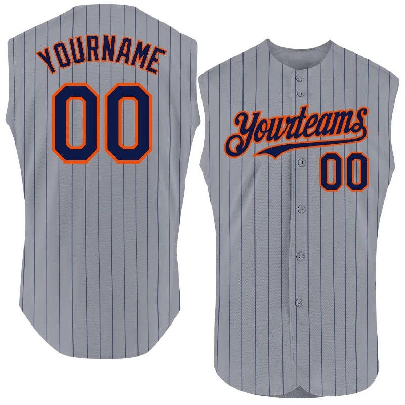 Personalized Baseball Jerseys For Fundraisers-Custom Gray Navy Pinstripe Orange Authentic Sleeveless Baseball Jersey