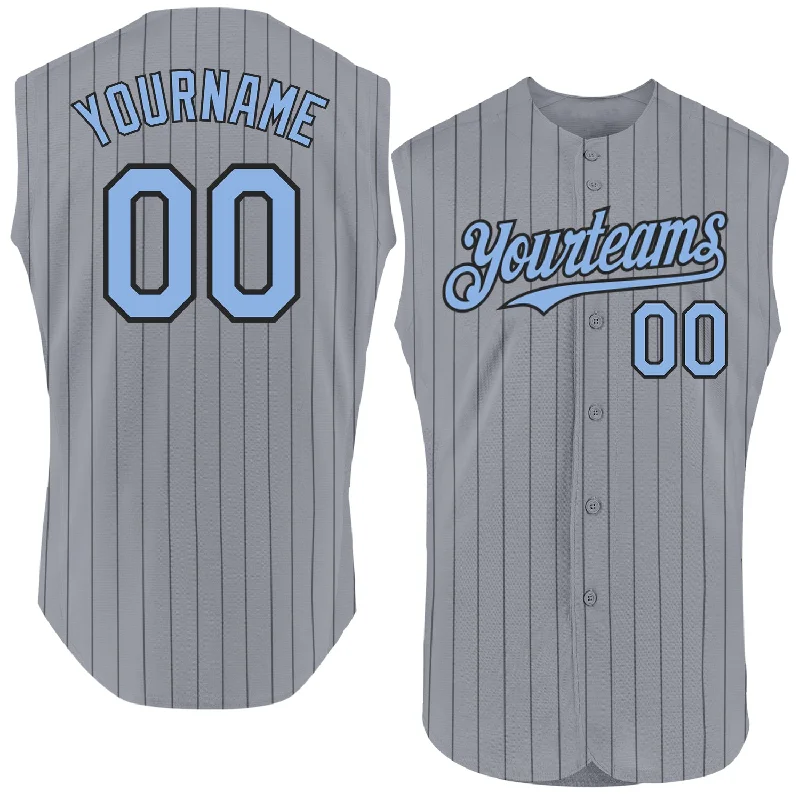 Baseball Jerseys For Holiday & Seasonal Events-Custom Gray Black Pinstripe Light Blue Authentic Sleeveless Baseball Jersey