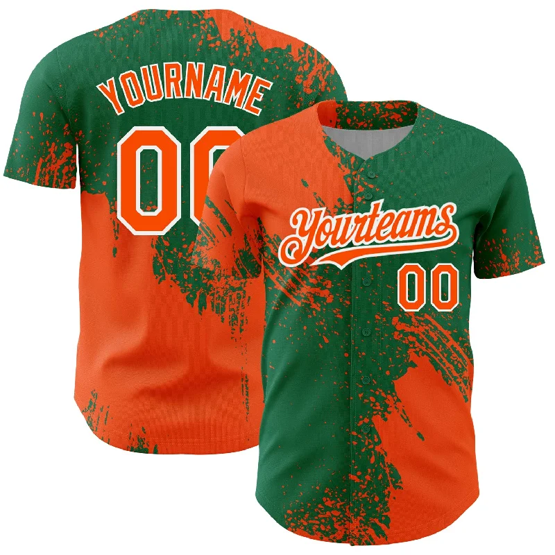 Baseball Jerseys With Custom Number Placement-Custom Orange Kelly Green-White 3D Pattern Design Abstract Brush Stroke Authentic Baseball Jersey