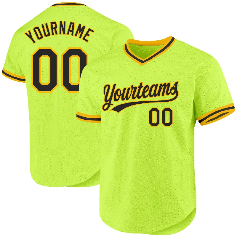 Custom Baseball Jerseys For Alumni Games-Custom Neon Green Black-Gold Authentic Throwback Baseball Jersey