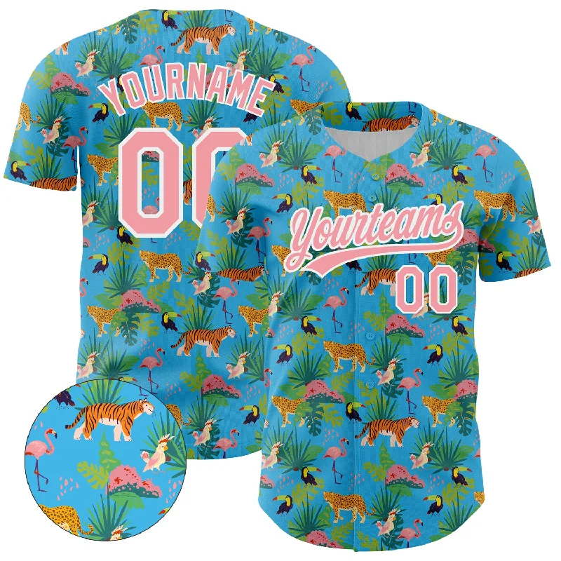 Custom Baseball Jerseys For Special Occasions-Custom Sky Blue Medium Pink-White 3D Pattern Design Animal Tiger Leopard Flamingo And Hawaii Palm Leaves Authentic Baseball Jersey