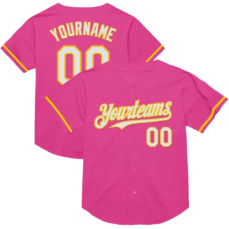 Custom Baseball Jerseys For Alumni Games-Custom Pink White-Yellow Mesh Authentic Throwback Baseball Jersey