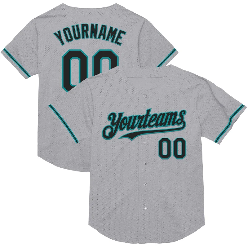 Custom Baseball Jerseys For Club Competitions-Custom Gray Black-Teal Mesh Authentic Throwback Baseball Jersey