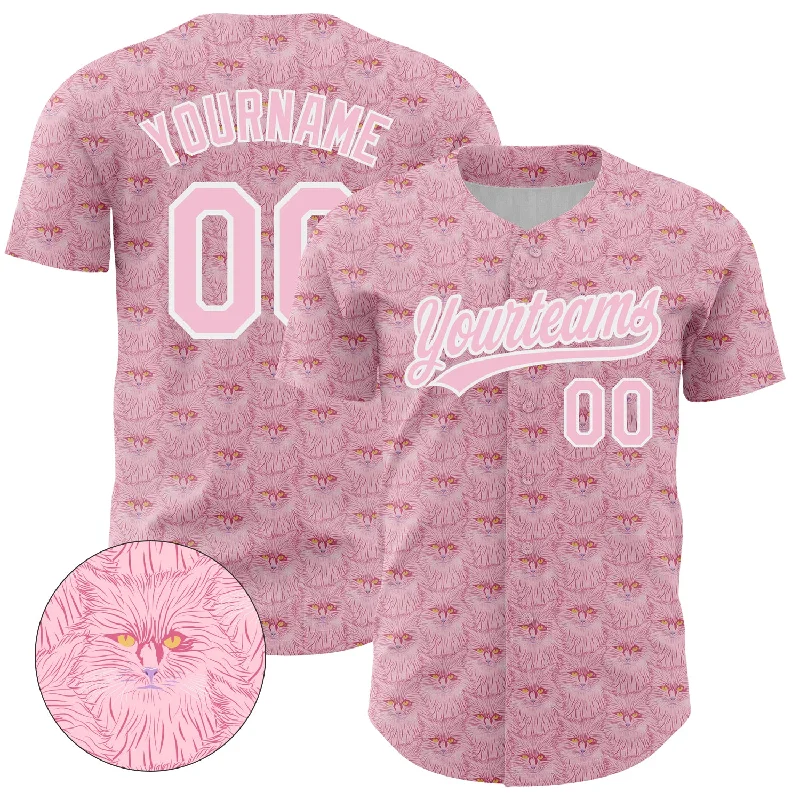 Personalized Baseball Jerseys For Fundraising Projects-Custom Light Pink White 3D Pattern Design Animal Cat Authentic Baseball Jersey