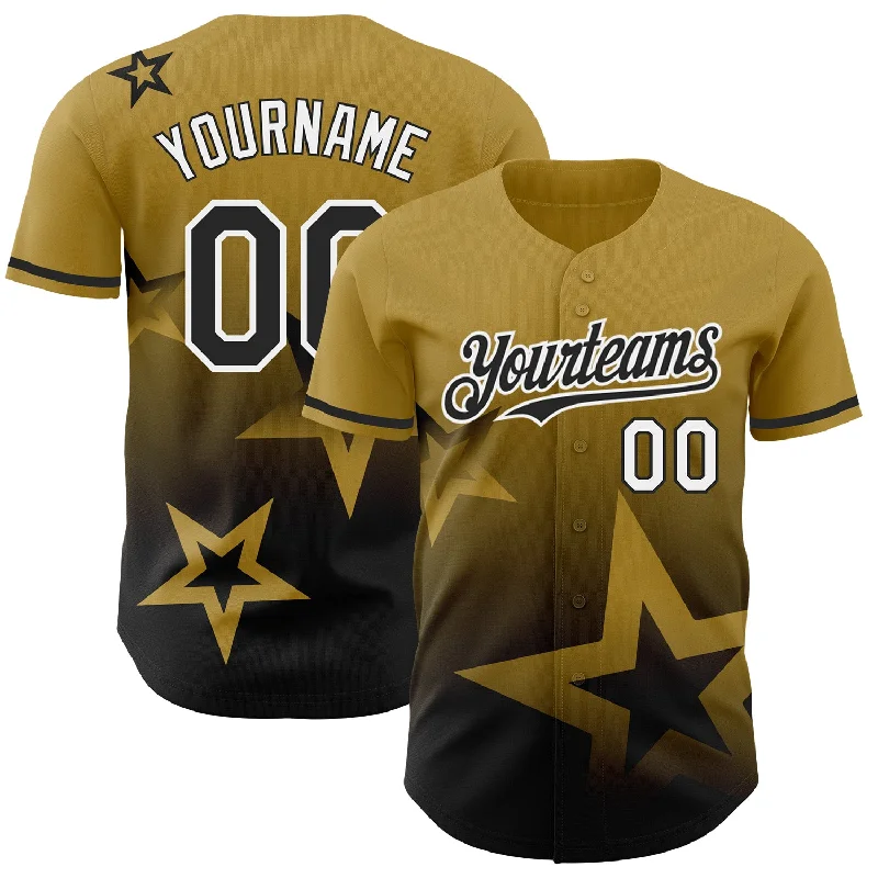 Personalized Baseball Jerseys For Tournament Winners-Custom Old Gold Black-White 3D Pattern Design Gradient Style Twinkle Star Authentic Baseball Jersey