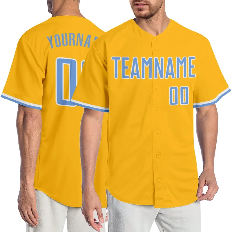 Personalized Baseball Jerseys For Tournaments-Custom Gold Light Blue-White Authentic Baseball Jersey