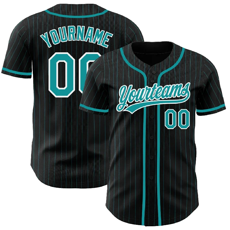 Baseball Jerseys With Custom Sizing-Custom Black Teal Pinstripe Teal-White Authentic Baseball Jersey