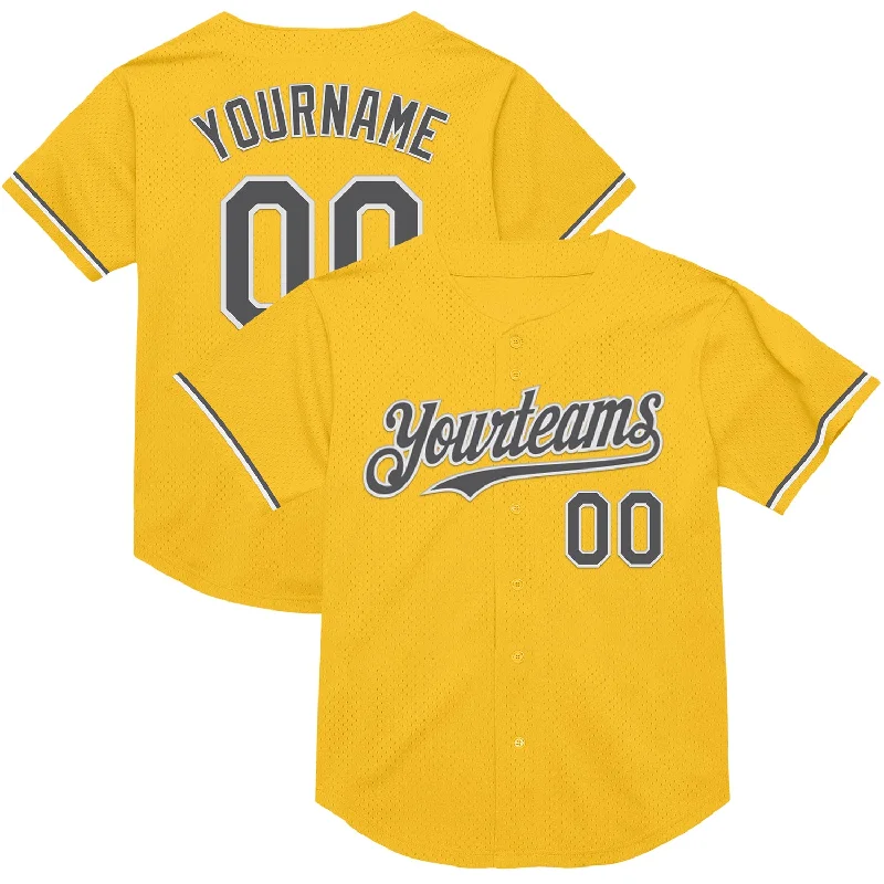 Custom Baseball Jerseys For Competitive Sports-Custom Gold Steel Gray-White Mesh Authentic Throwback Baseball Jersey