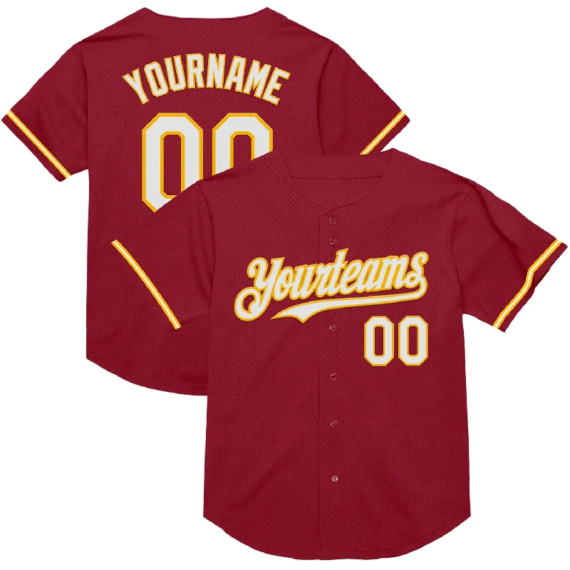 Personalized Baseball Jerseys For Player Recognition-Custom Maroon White-Gold Mesh Authentic Throwback Baseball Jersey