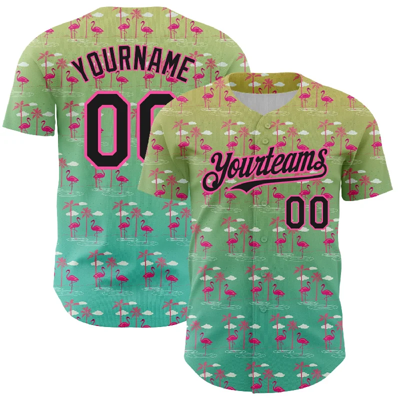 Personalized Baseball Jerseys For Birthday Gifts-Custom Green Black-Pink 3D Pattern Design Tropical Hawaii Palm Trees And Flamingo Authentic Baseball Jersey