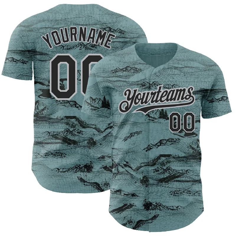 Custom Baseball Jerseys For Youth Competitions-Custom Green Black Gray 3D Pattern Design Mountain Authentic Baseball Jersey