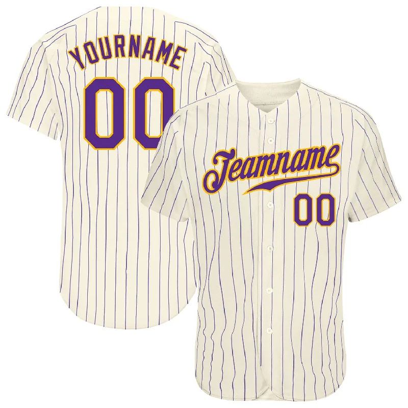 Custom Baseball Jerseys For Special Event Sponsorship-Custom Cream Purple Pinstripe Purple-Gold Authentic Baseball Jersey