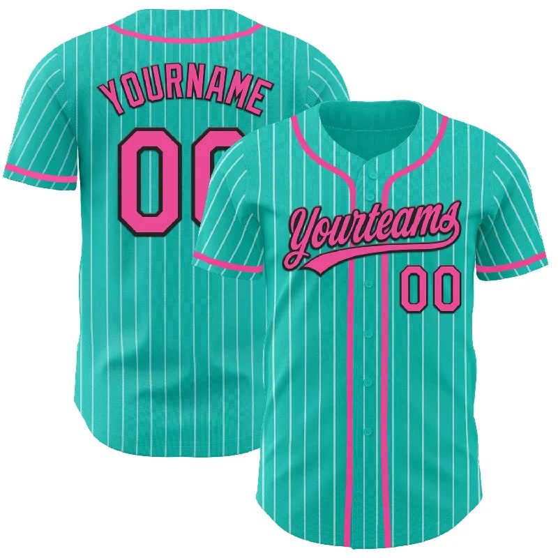 Custom Baseball Jerseys For Team Sponsorship-Custom Aqua White Pinstripe Pink-Black Authentic Baseball Jersey