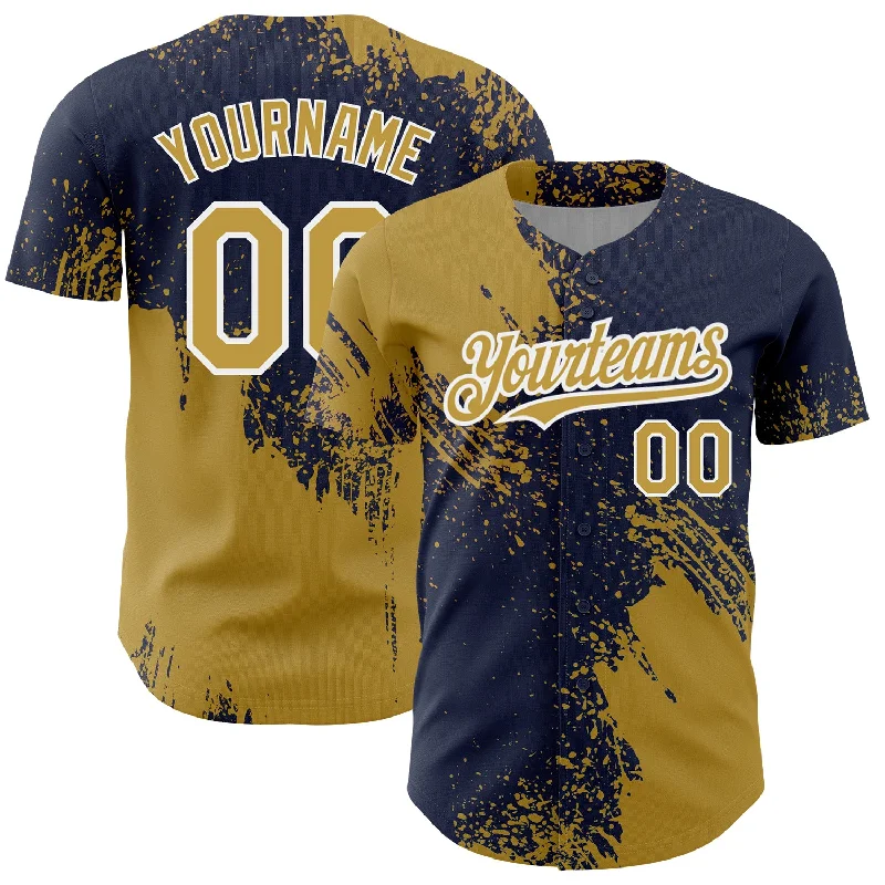 Custom Baseball Jerseys With Bold Fonts-Custom Old Gold Navy-White 3D Pattern Design Abstract Brush Stroke Authentic Baseball Jersey