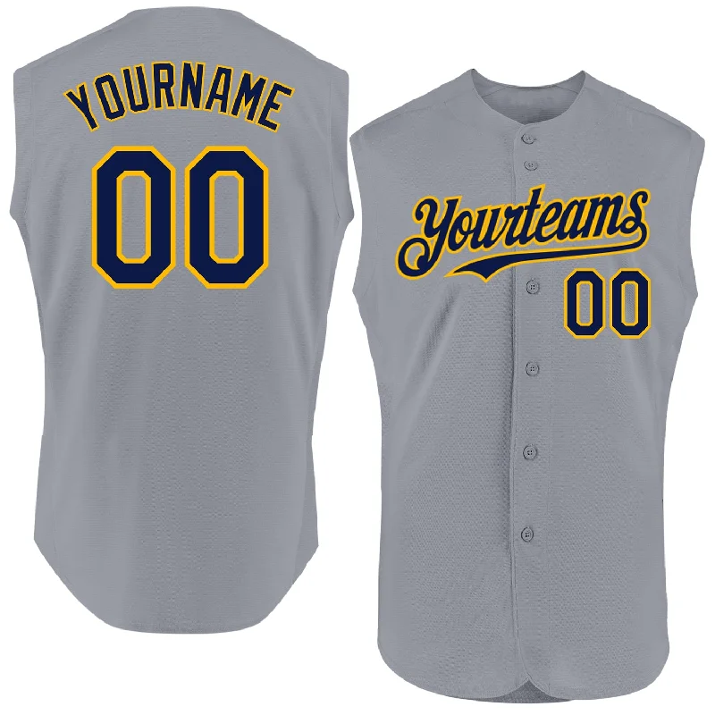 Baseball Jerseys With Custom Designs & Patterns-Custom Gray Navy-Gold Authentic Sleeveless Baseball Jersey