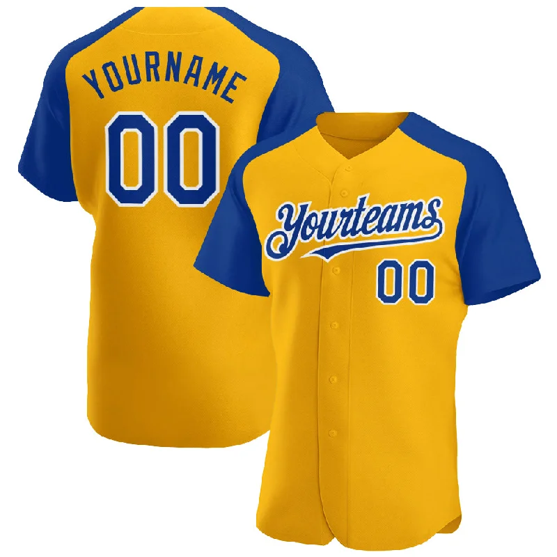 Baseball Jerseys With Custom Sizing-Custom Gold Royal-White Authentic Raglan Sleeves Baseball Jersey