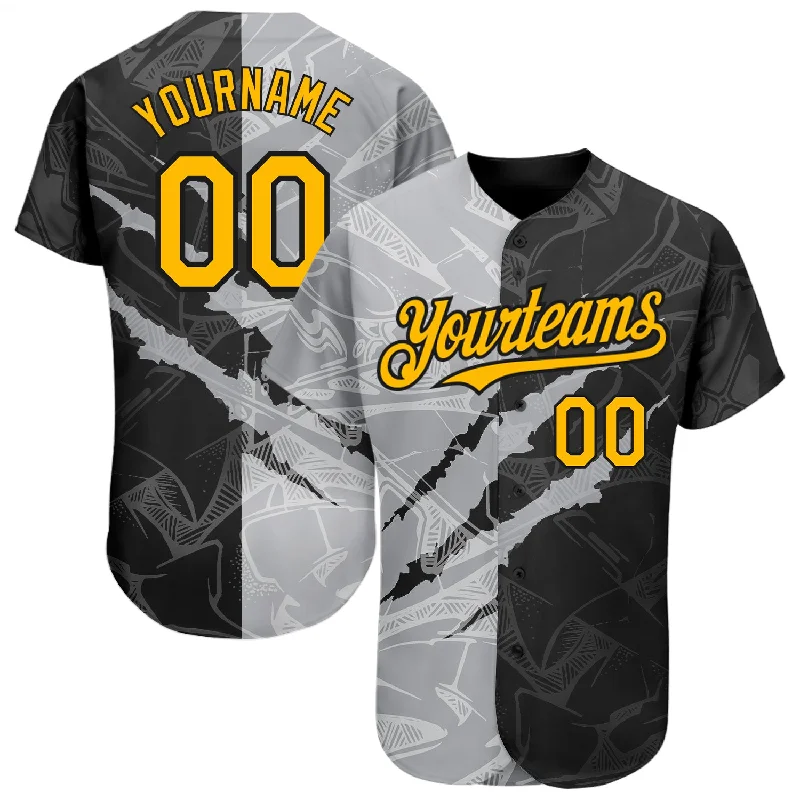 Personalized Baseball Jerseys For Holiday Season-Custom Graffiti Pattern Gold Black-Gray 3D Scratch Authentic Baseball Jersey