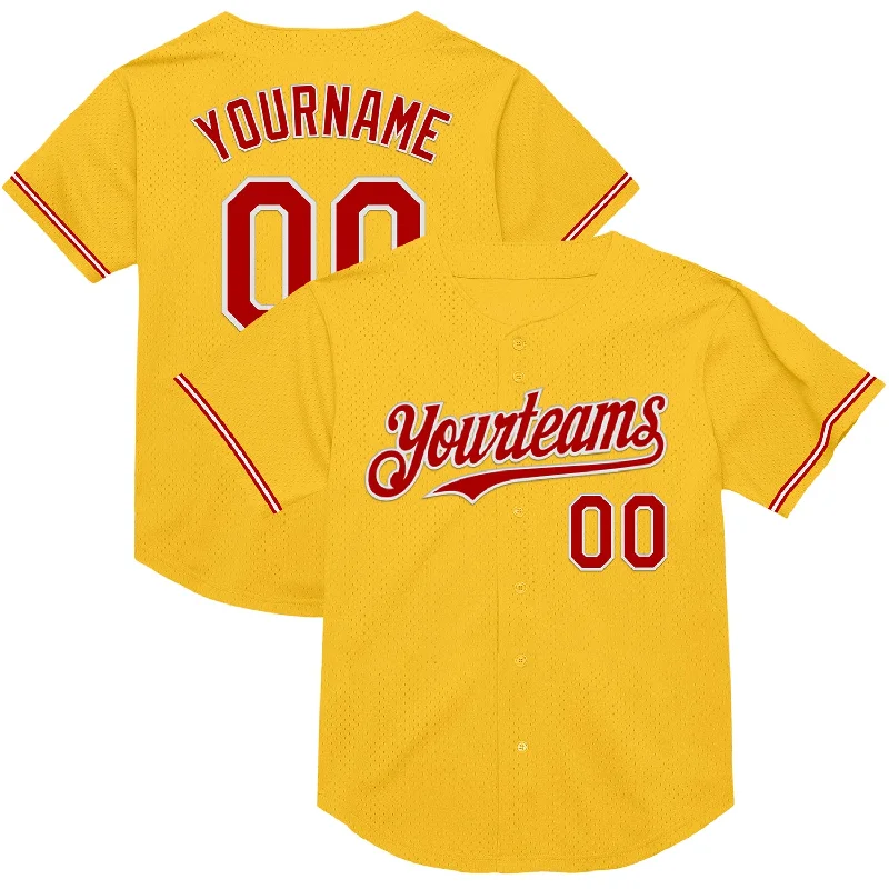 Baseball Jerseys For School Competitions-Custom Gold Red-White Mesh Authentic Throwback Baseball Jersey