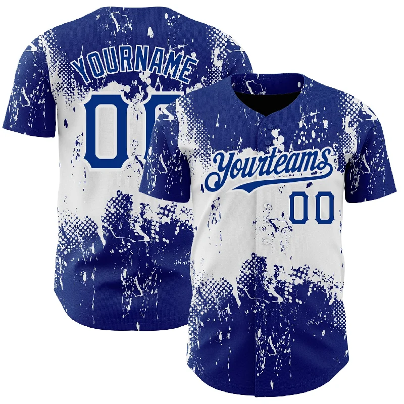 Personalized Baseball Jerseys For High School Teams-Custom Royal White 3D Pattern Design Abstract Splatter Grunge Art Authentic Baseball Jersey