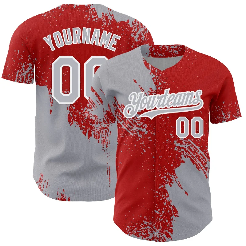 Personalized Baseball Jerseys For Tournament Winners-Custom Gray Red-White 3D Pattern Design Abstract Brush Stroke Authentic Baseball Jersey