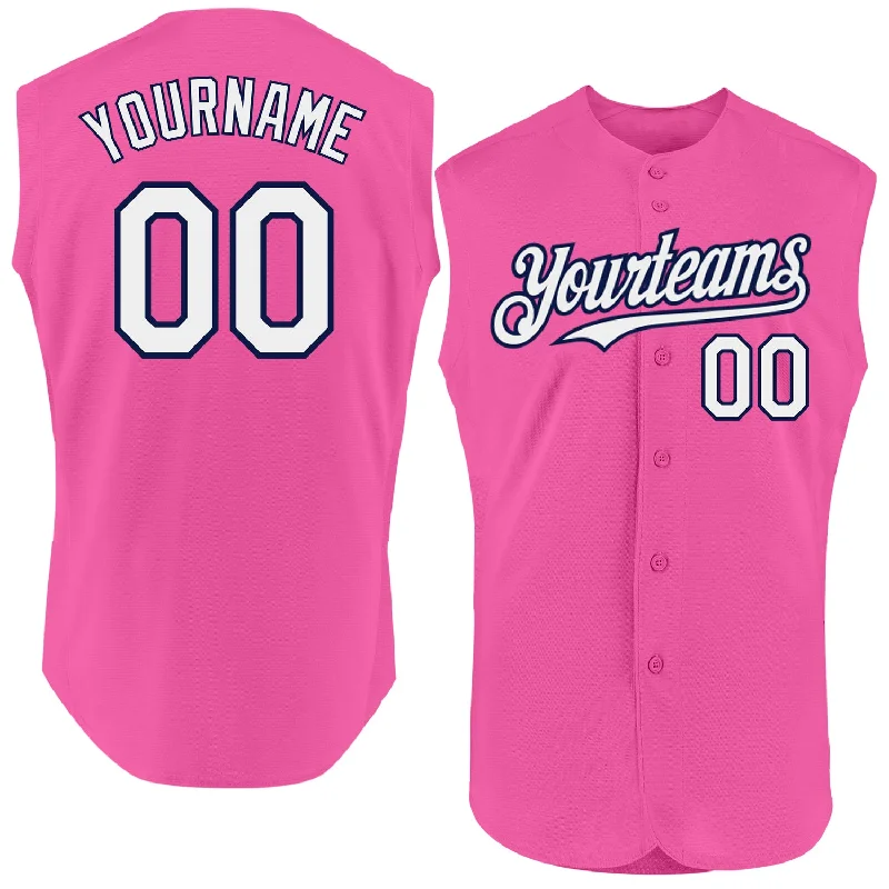 Personalized Baseball Jerseys For Tournament Winners-Custom Pink White-Navy Authentic Sleeveless Baseball Jersey