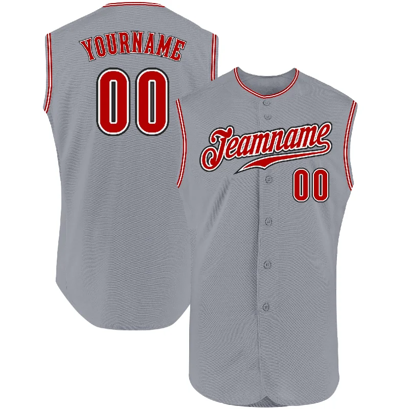 Baseball Jerseys With Custom Sleeve Designs-Custom Gray Red-Black Authentic Sleeveless Baseball Jersey