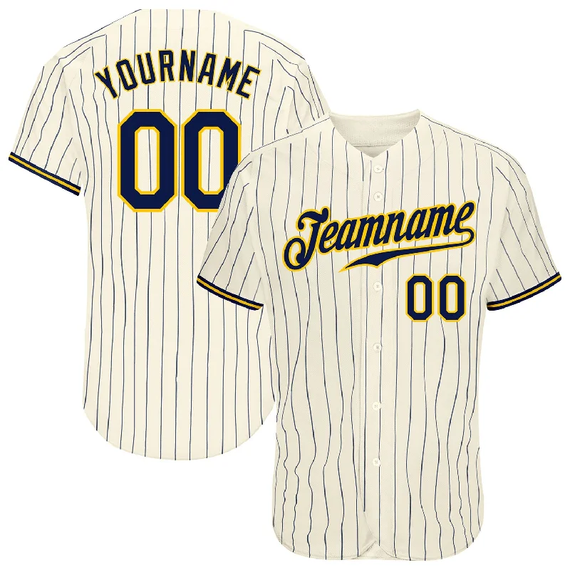 Baseball Jerseys For Team Celebrations & Recognitions-Custom Cream Navy Pinstripe Navy-Gold Authentic Baseball Jersey