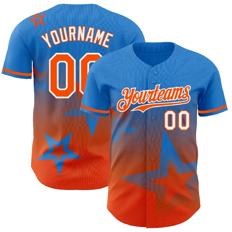 Custom Baseball Jerseys With Text & Logo-Custom Electric Blue Orange-White 3D Pattern Design Gradient Style Twinkle Star Authentic Baseball Jersey