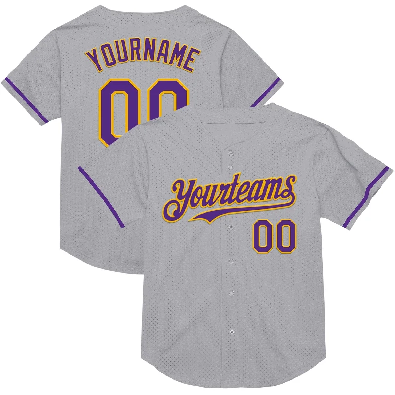 Custom Baseball Jerseys For Charity Events-Custom Gray Purple-Gold Mesh Authentic Throwback Baseball Jersey