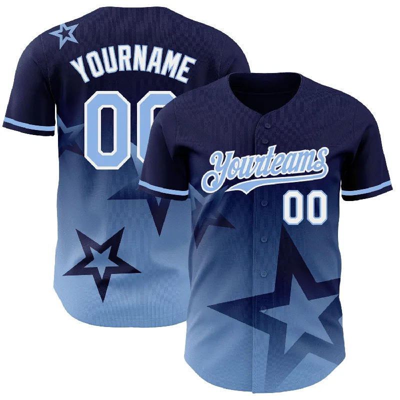 Custom Baseball Jerseys For Fans-Custom Navy Light Blue-White 3D Pattern Design Gradient Style Twinkle Star Authentic Baseball Jersey