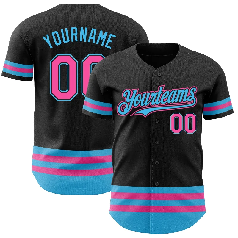 Baseball Jerseys With Custom Fabric-Custom Black Pink-Sky Blue Line Authentic Baseball Jersey