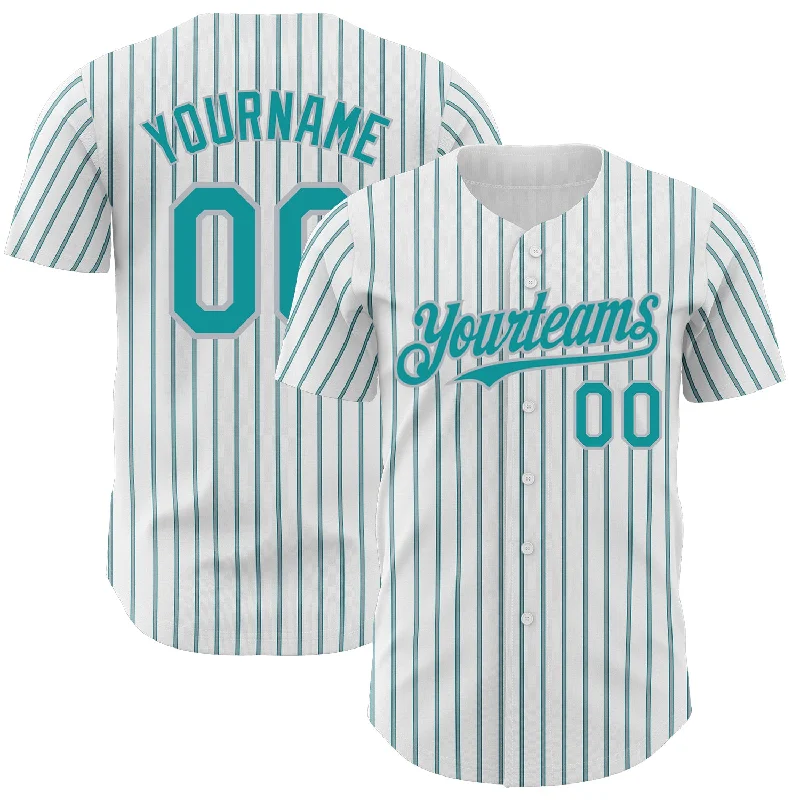 Personalized Baseball Jerseys For Player Appreciation-Custom White (Teal Gray Pinstripe) Teal-Gray Authentic Baseball Jersey