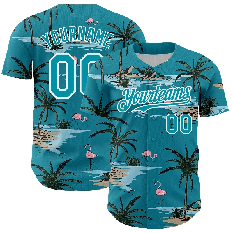 Baseball Jerseys For Local Competitions-Custom Teal White 3D Pattern Design Tropical Hawaii Palm Trees Authentic Baseball Jersey