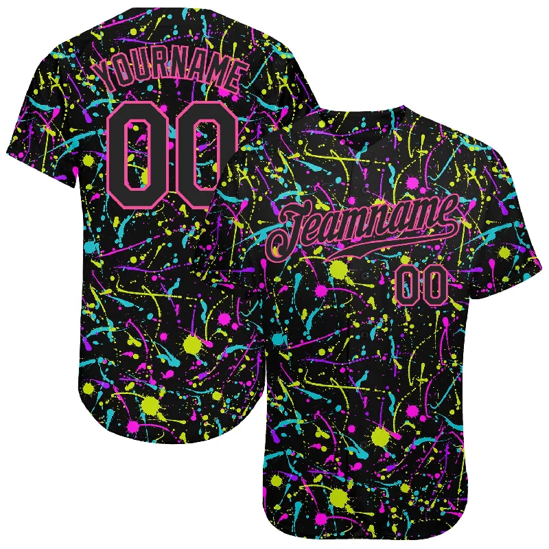 Baseball Jerseys For School Spirit Days-Custom Graffiti Pattern Black-Pink 3D Neon Splatter Authentic Baseball Jersey