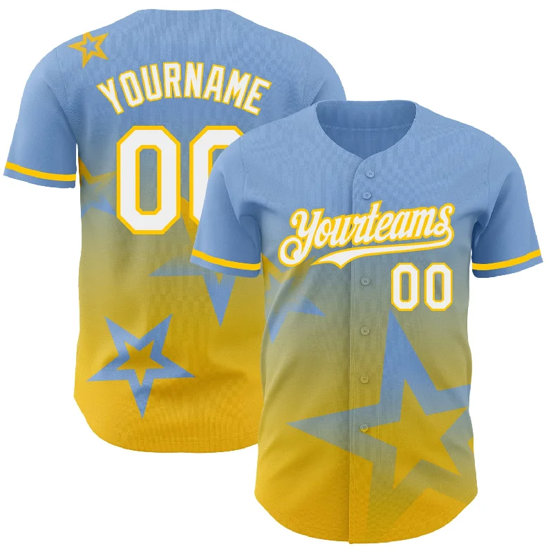 Personalized Baseball Jerseys For Sports Teams-Custom Light Blue White-Yellow 3D Pattern Design Gradient Style Twinkle Star Authentic Baseball Jersey