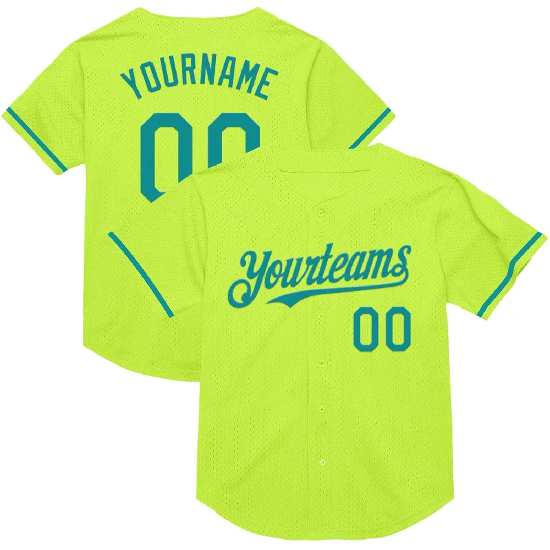 Personalized Baseball Jerseys For Fundraisers-Custom Neon Green Teal Mesh Authentic Throwback Baseball Jersey