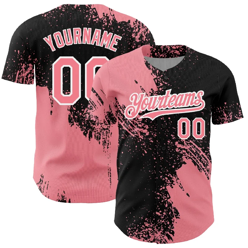 Baseball Jerseys For Youth Camps & Leagues-Custom Medium Pink Black-White 3D Pattern Design Abstract Brush Stroke Authentic Baseball Jersey