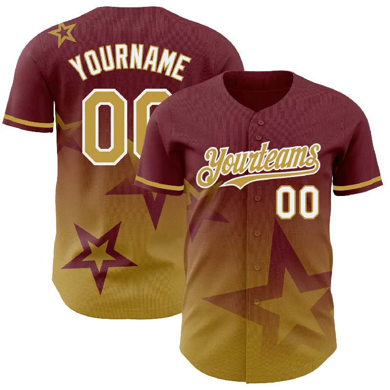 Personalized Baseball Jerseys For Players-Custom Burgundy Old Gold-White 3D Pattern Design Gradient Style Twinkle Star Authentic Baseball Jersey