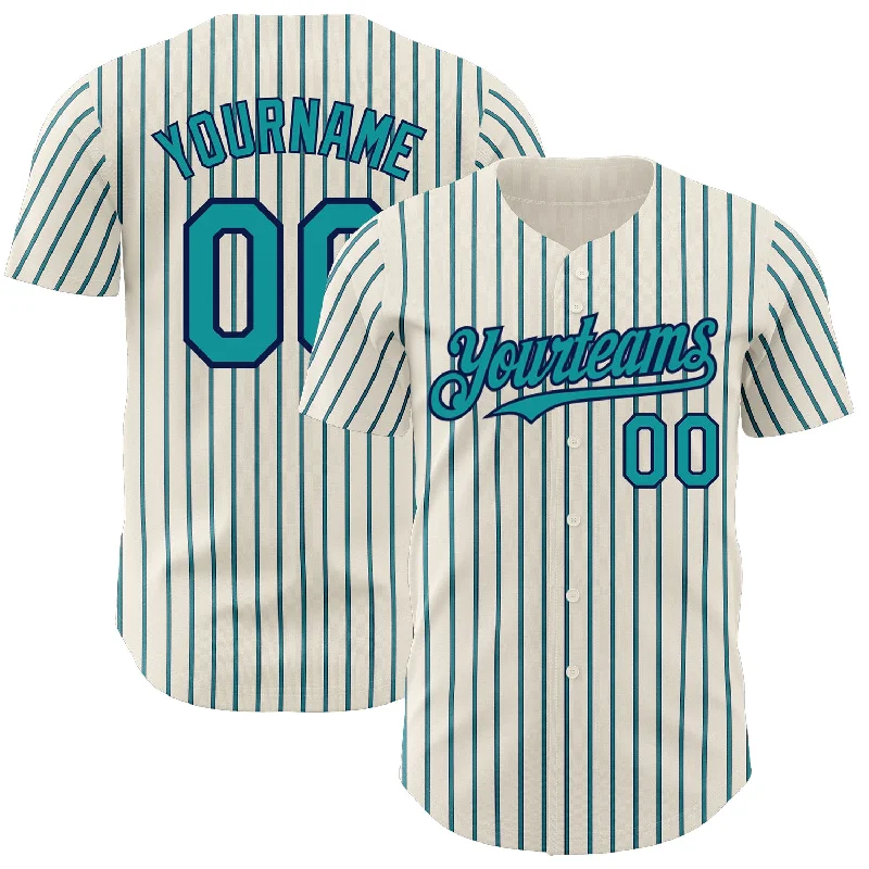 Baseball Jerseys With Team Logos & Custom Names-Custom Cream (Navy Teal Pinstripe) Teal-Navy Authentic Baseball Jersey