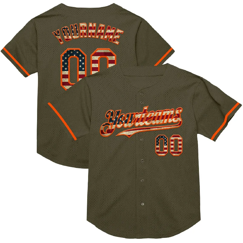 Personalized Baseball Jerseys For Group Fundraisers-Custom Olive Vintage USA Flag-Orange Mesh Authentic Throwback Salute To Service Baseball Jersey