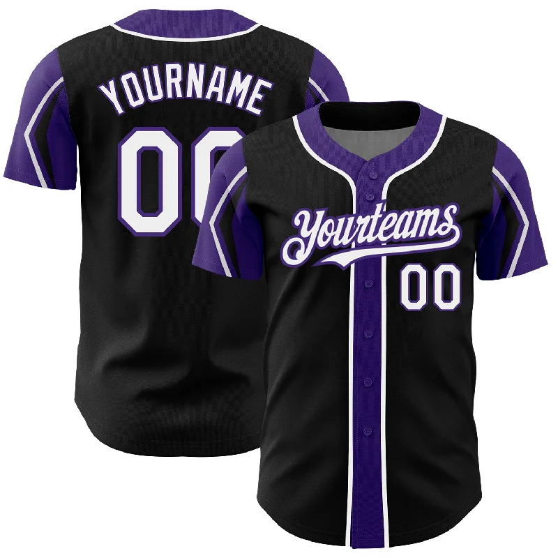 Custom Baseball Jerseys-Custom Black White-Purple 3 Colors Arm Shapes Authentic Baseball Jersey