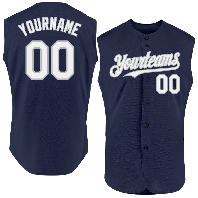 Custom Baseball Jerseys For Player Celebrations-Custom Navy White-Gray Authentic Sleeveless Baseball Jersey