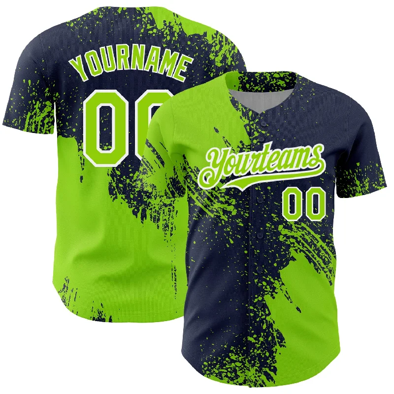 Custom Baseball Jerseys With Sponsor Logos-Custom Neon Green Navy-White 3D Pattern Design Abstract Brush Stroke Authentic Baseball Jersey