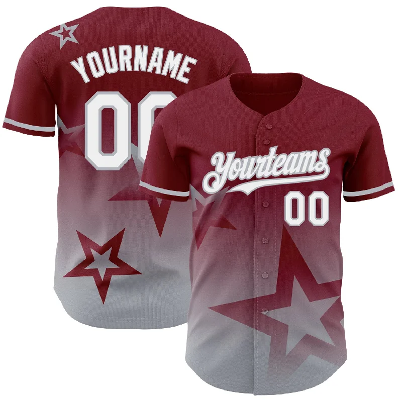 Custom Baseball Jerseys With Text & Logo-Custom Crimson White-Gray 3D Pattern Design Gradient Style Twinkle Star Authentic Baseball Jersey